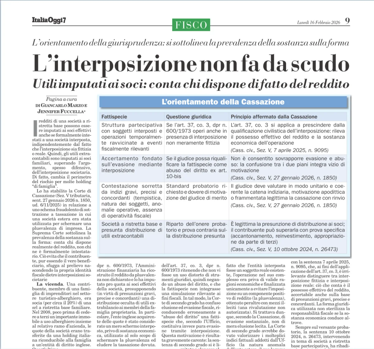 Immagine in evidenza articolo: Interposizione societaria e società a ristretta base: gli utili vanno ai soci effettivi