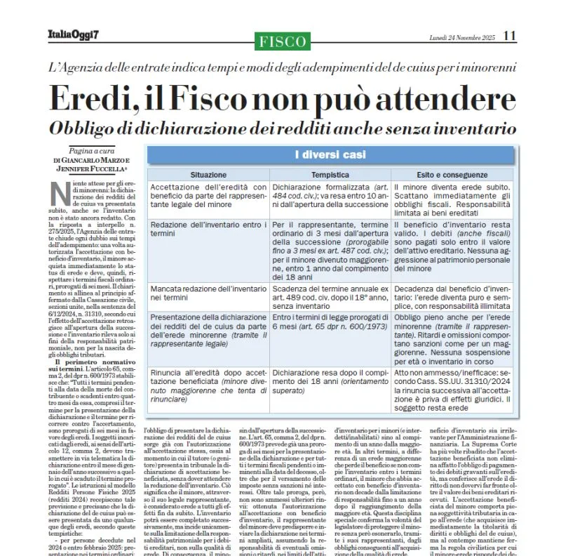 Immagine in evidenza articolo: Eredi minorenni: obbligo di dichiarazione dei redditi immediato, il Fisco non attende l'inventario