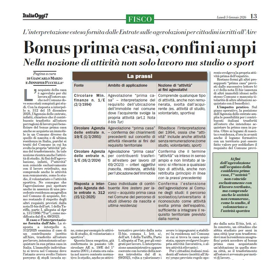Bonus prima casa per gli iscritti AIRE: il concetto di "attività" si allarga a studio e volontariato