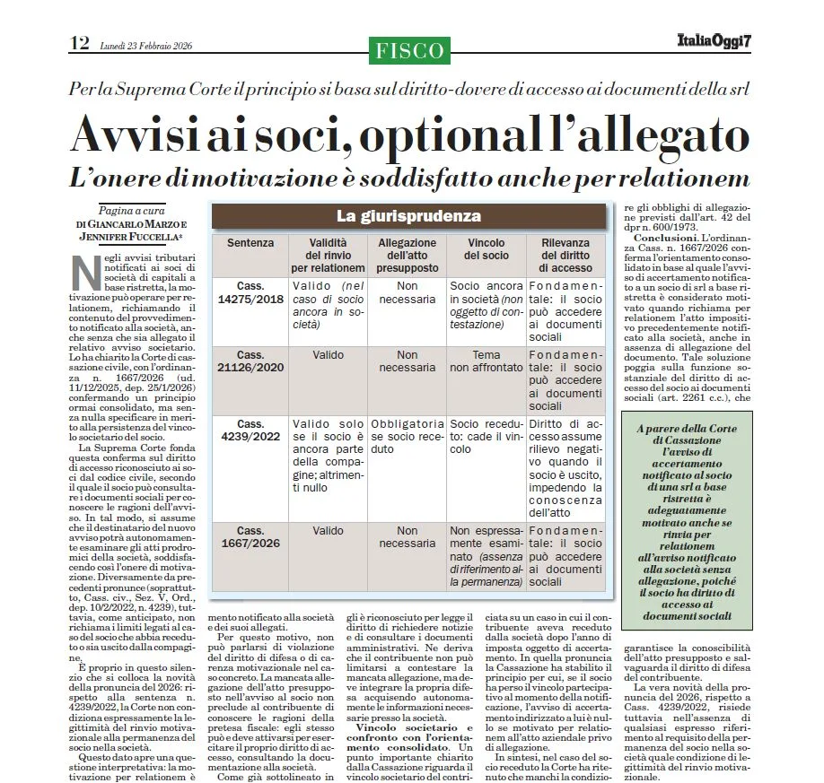 Immagine in evidenza articolo: Cassazione 1667/2026: avvisi ai soci, l’allegato è optional e l’onere di motivazione si soddisfa anche per relationem